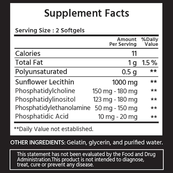Mini Sunflower Lecithin 240 Softgels. Phosphatidylcholine, Phosphatidylinositol, Phosphatidylthanolamine, Phosphatidic Acid.