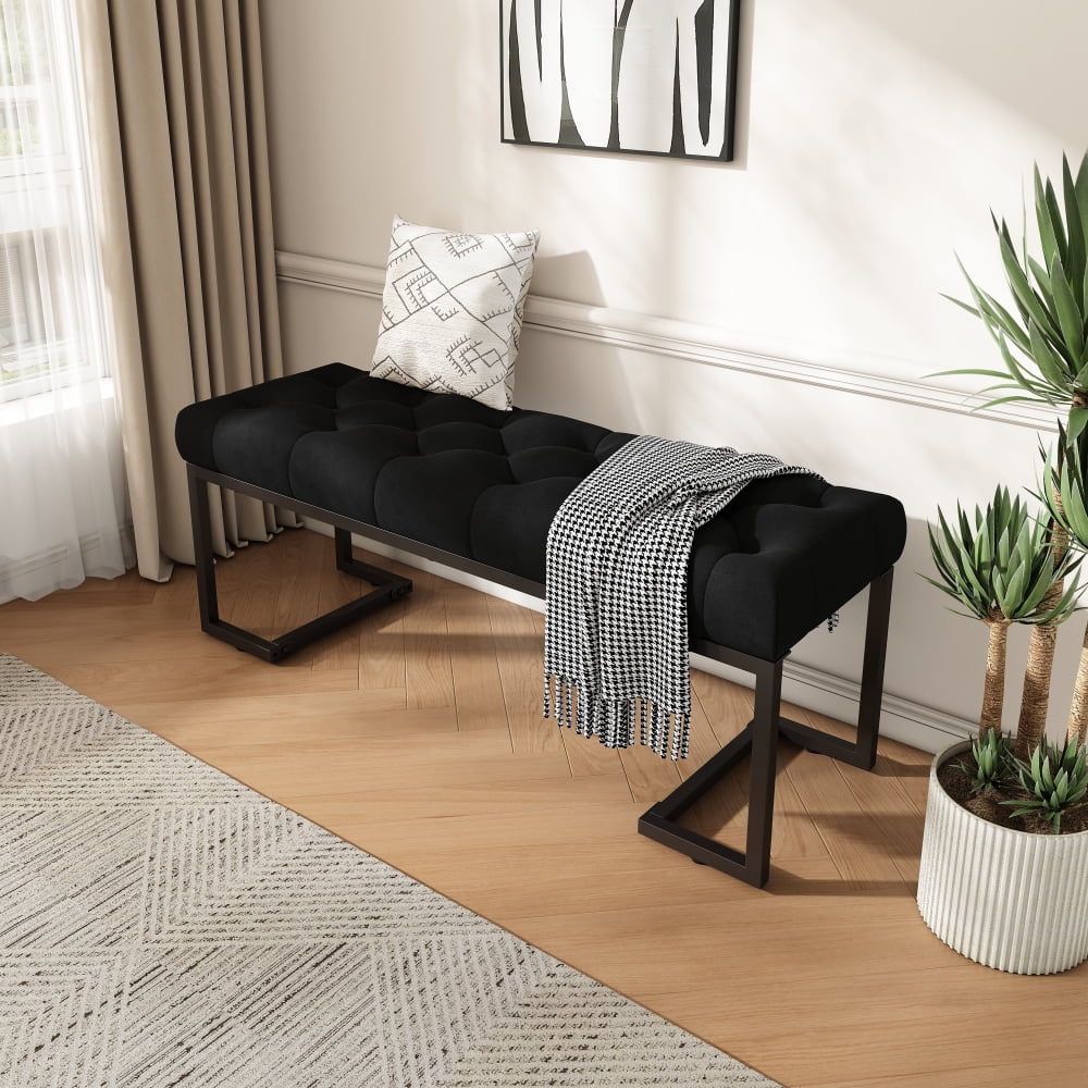 Upholstered Button Tufted Bench,Black and Bronze