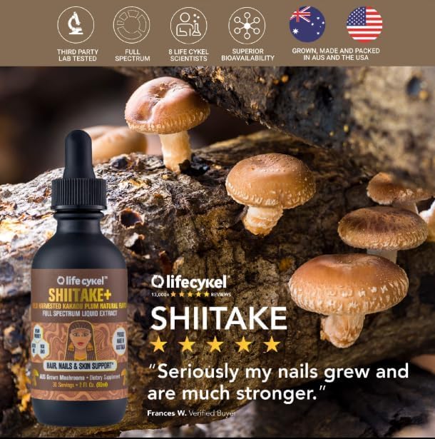 Lifecykel - Shiitake Mushroom Extract with Kakadu Plum - Advance Organic Mushroom Supplement for Hair, Nail and Skin - Potent Vitamin C Immune Boost for Adults - 4 Fl Oz