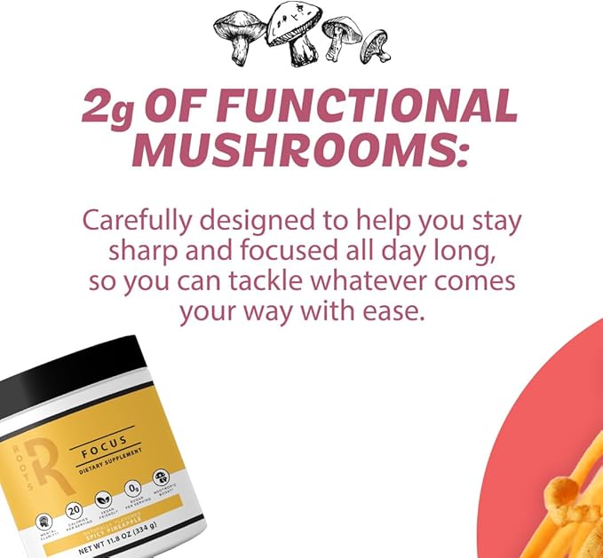 Roots Focus Nootropic Brain Supplement, BlackBerry Lavender Lemonade, Blend of Lion's Mane, Cordyceps, & Reishi Functional Mushrooms with Extended-Release Caffeine, 15 Servings