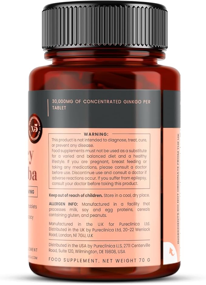 pureclinica High Potency Ginkgo Biloba 30,000mg x 360 Tablets (4 Bottles of 90) - 12 Months Supply - 5 Times The Strength of Competitor Products
