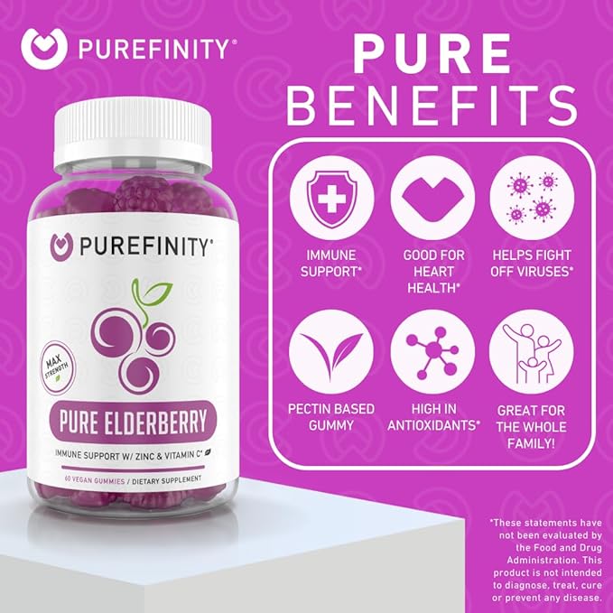 Elderberry Gummies with Sambucus, Vitamin C, and Zinc – Your Perfect Daily 3-in-1 Supplement for Kids & Adults – Gluten Free, Non-GMO, Vegan, 60 Count
