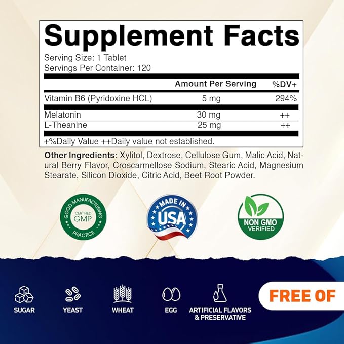 Vitamatic Melatonin 30 mg - with B6 & L-Theanine - 120 Fast Dissolve Tablets with Natural Berry Flavor (2 Tablets Dose = Melatonin 60 mg) (120 Count (Pack of 3))