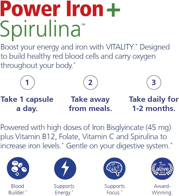 VITALITY Power Iron + Spirulina | 45mg Iron | Blood Builder | Iron Deficiency Support | Vegan | All Natural Supplement | Gentle on Stomach | Capsules… (60 Count (Pack of 1))