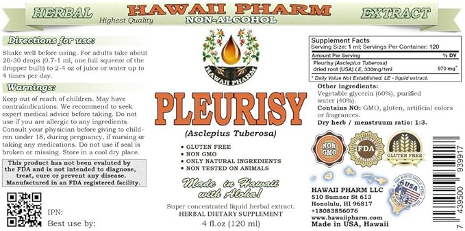 Pleurisy Root Alcohol-Free Liquid Extract, Pleurisy Root (Asclepius tuberosa) Dried Root Glycerite Natural Herbal Supplement, Hawaii Pharm, USA 4x4 fl.oz