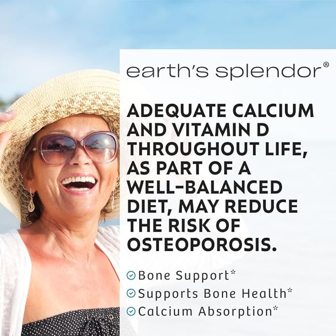 Earth's Splendor Bone Health Support, with Calcium & Vitamin D, Dietary Supplement, Vitamin Supplements, for Men & Women, (600mg Calcium, 120 Tablets)