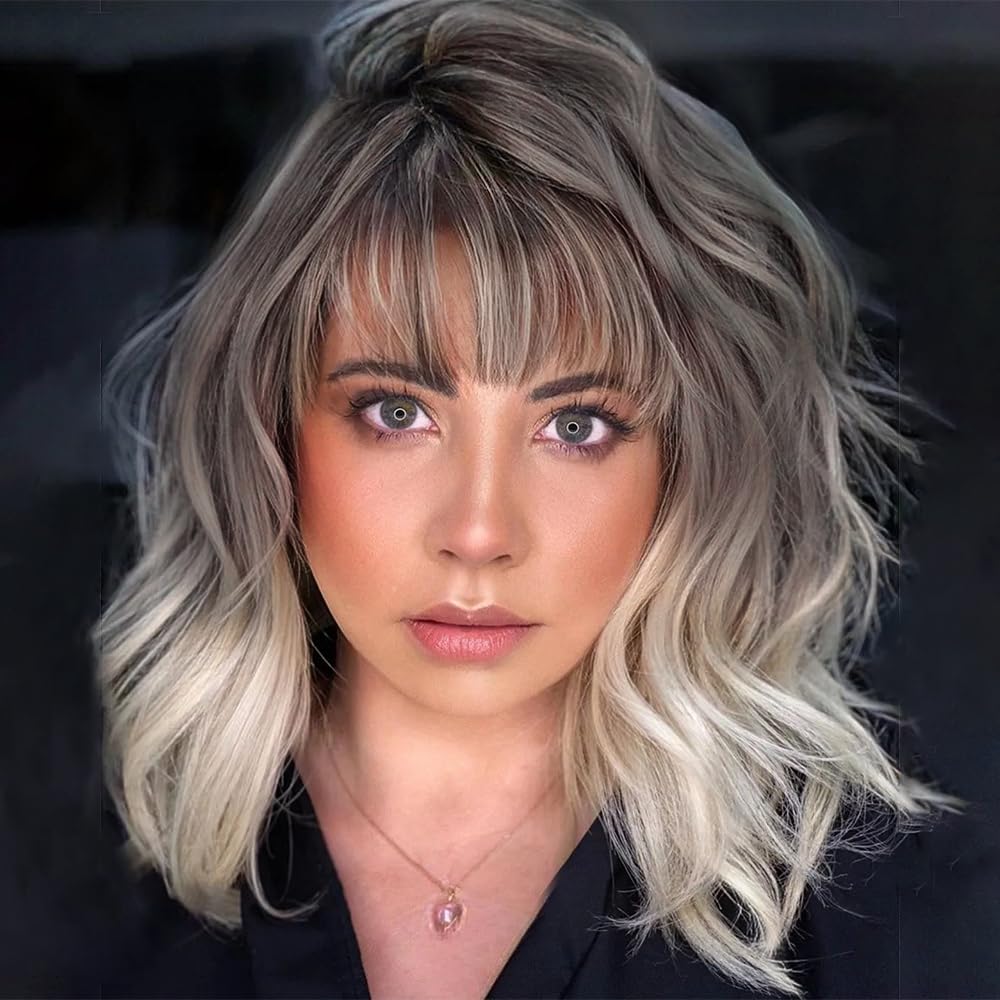 Ucubb Short Curly Wigs With Bangs For Women 14 Inches Wavy Bob Wig Synthetic Heat Resistant Fiber Wigs (Rt6/10/613#)