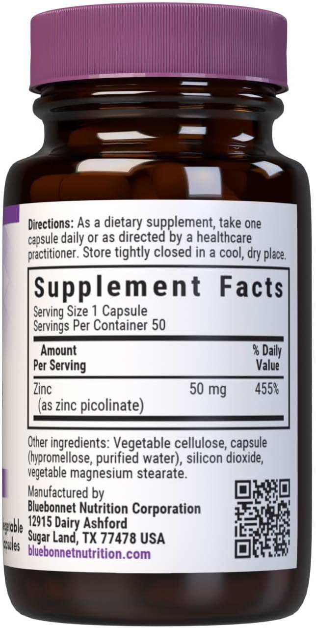 Bluebonnet Nutrition Zinc Picolinate, Hormonal & Immune, Prostate Health, Skin, Vegan, Non GMO, Gluten, Soy & Milk Free, Kosher, White, 50 Count