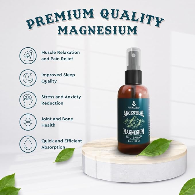 Ancestral Supplements Magnesium Spray, Magnesium for Sleep + Muscle Support, Made with Magnesium Chloride & Natural Minerals, Fast Absorbing Topical Magnesium Oil Supplement for Body Application, 4 oz