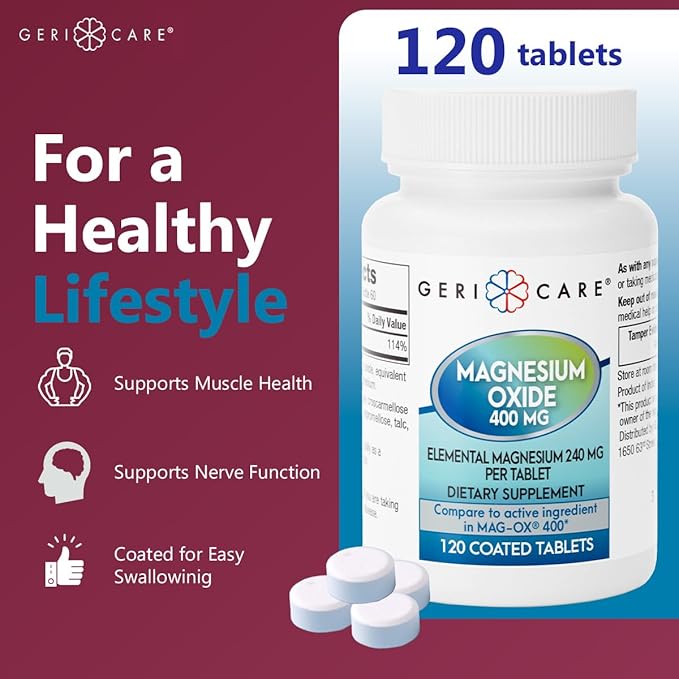GeriCare Magnesium Oxide Supplement 240 mg, Elemental Magnesium, 120 Coated Tablets, Essential Mineral Support, Promotes Vascular Health, Bone Strength, and Muscle Function (Pack of 3)