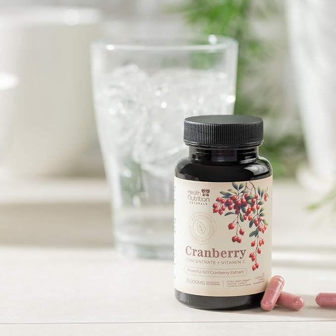 Cranberry Supplement Pills + Vitamin C - Made with 25,000mg Cranberry Concentrate Whole Fruit Extract to Help Cleanse & Support Urinary Tract Health, Sugar Free for Women & Men, Non-GMO, 60 Capsules