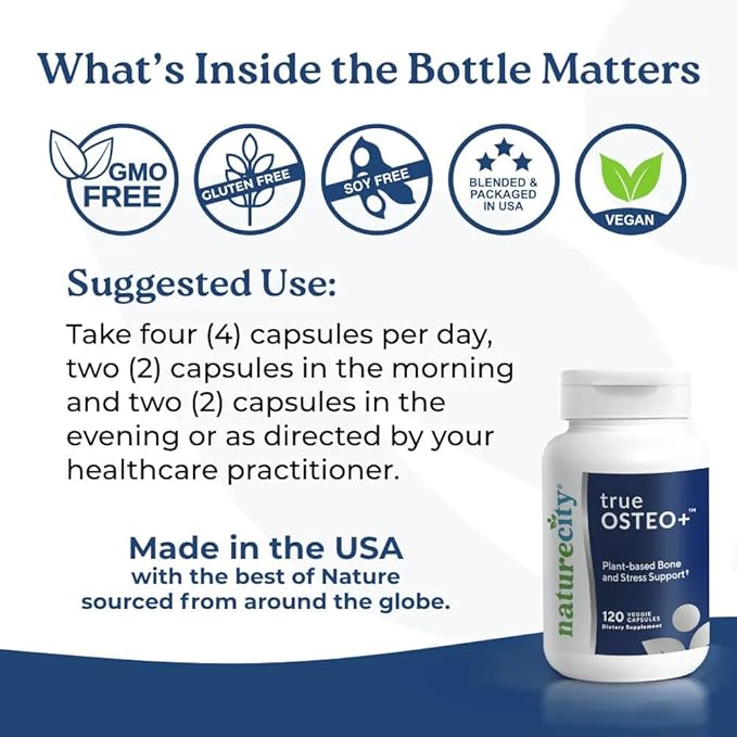 NatureCity True-Osteo+ for Bone Strength & Density | Plant Based Calcium Supplement with Organic AlgaeCal Calcium & Magnesium, Vitamin D3, K2, Silicon & Stress Support | 360 Veggie Capsules