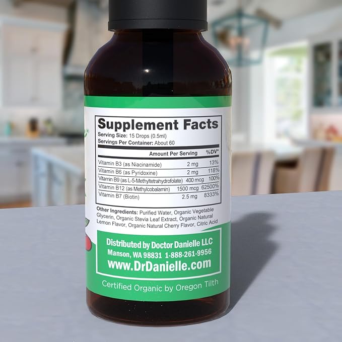 Organic Vitamin B Complex Liquid Drops | B Vitamins Complex Supplement with B3, B6, B7, B9 & Methyl B12 Drops for Adults & Kids | Vegan Cherry Flavor 1oz | 60 Servings / 2 Month Supply