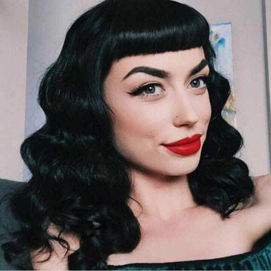 G&T Wig Rockabilly Vintage Wigs For Women, Short Black Wig With Bangs, Shoulder Length Heat Resistant Short Curly Bettie Page Wi