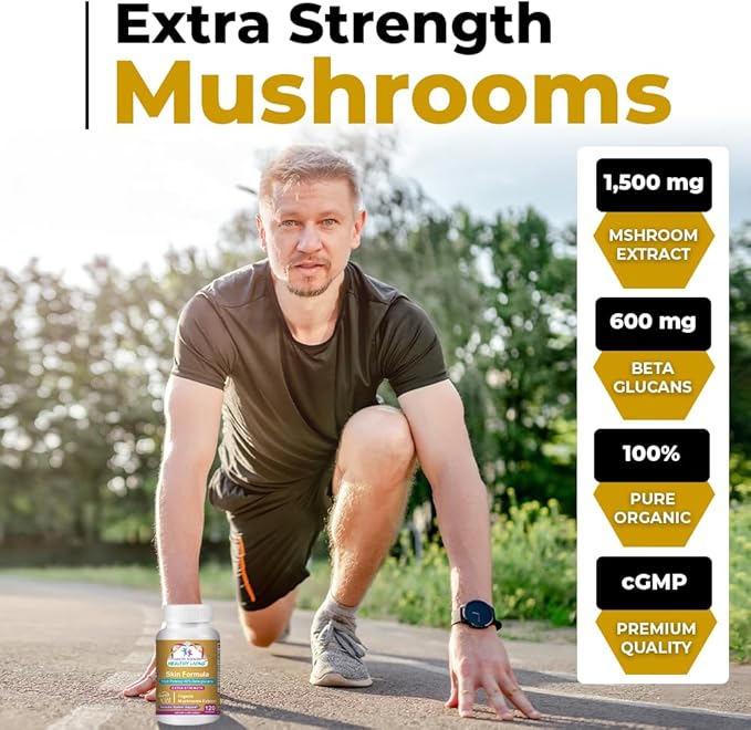 Cancer Sciences Skin Wellness Supplement, USDA Certified Organic Extract Mushrooms Supplement, Extra Strength 1,500 mg, High Potency 40% Beta-Glucans, Immune Support, Glowing Complexion, 120 Capsules
