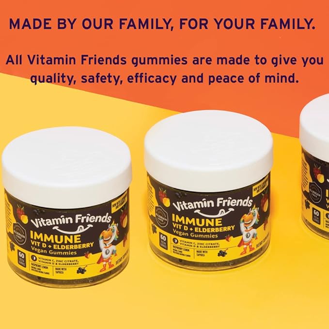 Vitamin Friends - Elderberry, Vitamin C Gummies - Vegan Immune System Booster Blended Supplements - Health Support w/ Zinc Citrate & Vitamin D - Advanced Immune Support - 30 Day Supply – 1 Pack