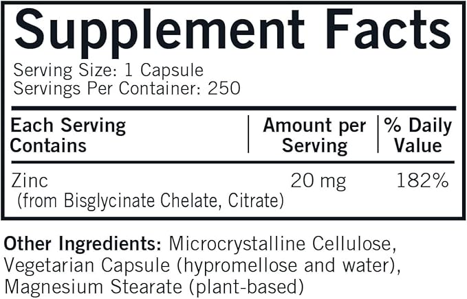Kirkman - Zinc 20mg - 250 Capsules - Immune Support - High Absorption - Hypoallergenic