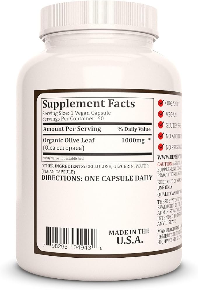 Remedy's nutrition Olive Leaf | 1,000 mg, 60 Vegan Capsules Herbal Dietary Supplement | Two Month Supply