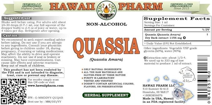 Quassia Alcohol-Free Liquid Extract, Quassia (Quassia Amara) Dried Bark Glycerite Natural Herbal Supplement, Hawaii Pharm, USA 15x4 fl.oz