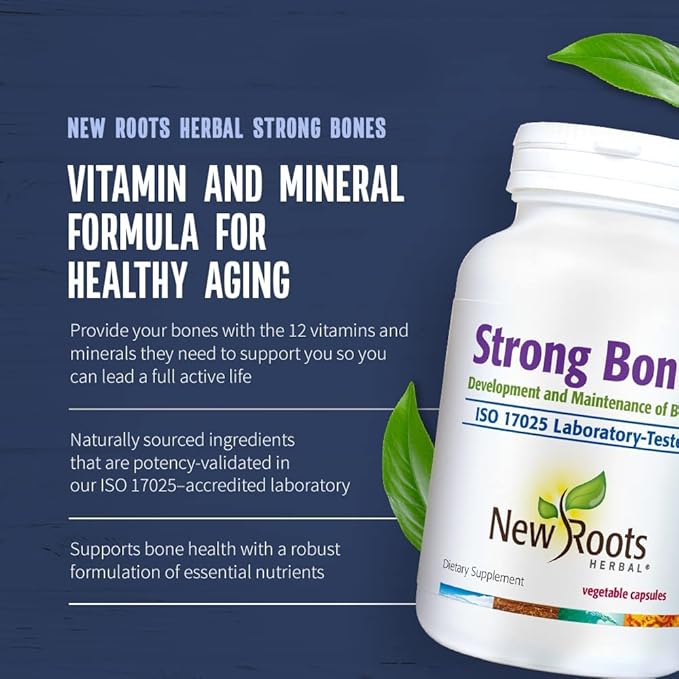 NEW ROOTS HERBAL Strong Bones - Calcium, Magnesium, Vitamin D3, VIT C, bioavailable K2 (MK-7) - GMO, Soy, Gluten Free - Supplement for Bone Health – (90 Veg Caps)