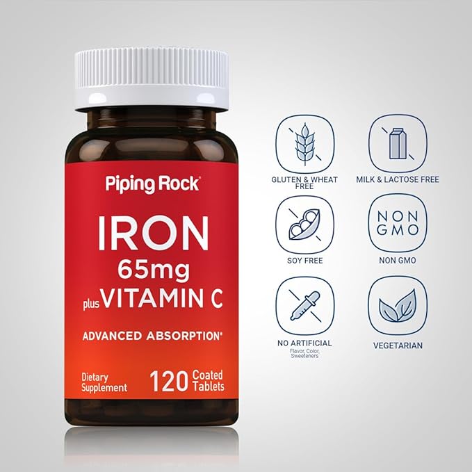 Piping Rock Iron Supplement 65 mg with Vitamin C | 120 Tablets | Advanced Absorption | Vegetarian, Non-GMO and Gluten Free