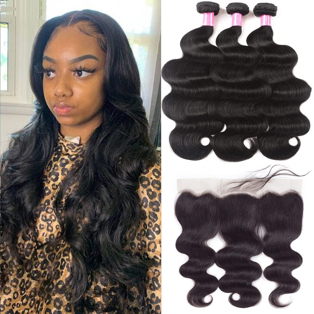 Brazilian Body Wave Bundles With Lace Frontal (10 12 14+10 Frontal) 100% Unprocessed Human Hair 3 Bundles With 13X4 Lace Closure