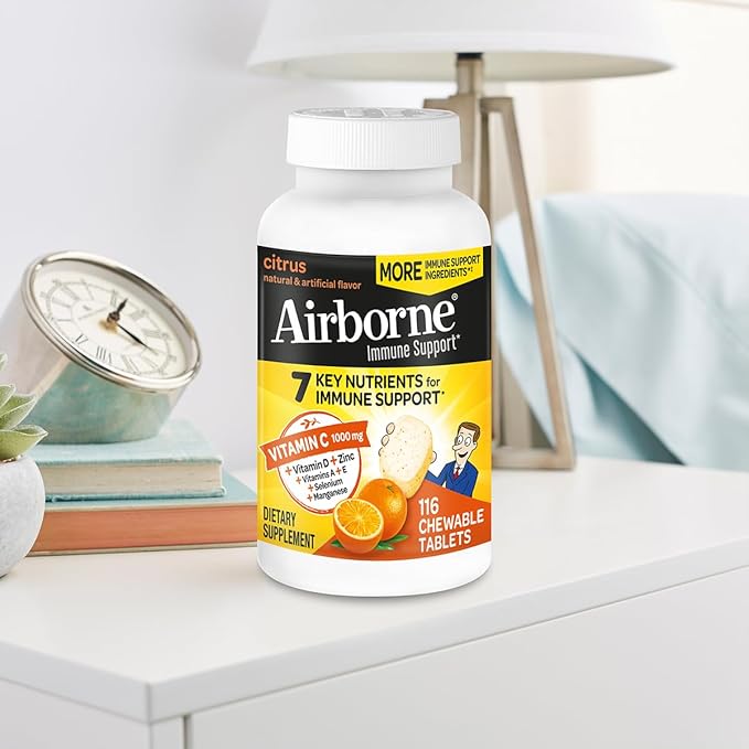 Airborne 1000mg Vitamin C + Zinc Immune Support Supplement Chewable Tablets, Citrus Flavor with Powerful Antioxidants Vitamins A C & E, 116 Chewable Tablets (2 Pack)