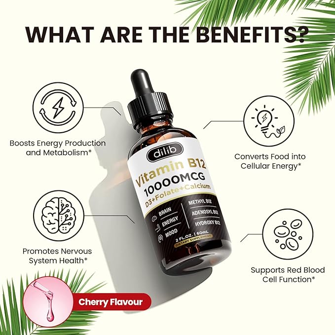 Vitamin B12 Complex 10000 mcg | Triple Liquid B-12 Drops Sublingual Supplement | Methylcobalamin & Adenosylcobalamin & Hydroxo Blend for Long-Lasting Energy and Healthy Metabolism Cherry Flavor, New