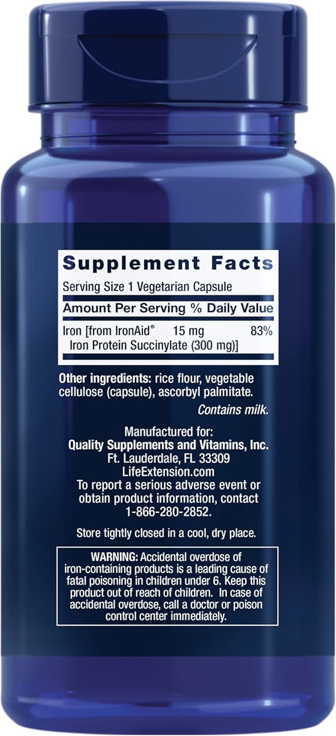 Life Extension Iron Protein Plus, Iron Protein succinylate, absorbable Iron Supplement for Whole-Body Health, Non-GMO, Gluten-Free, Vegetarian, 100 Capsules