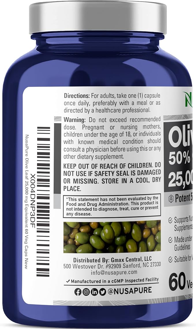NusaPure Olive Leaf 50:1 Extract, 500 mg Equivalent to 25,000mg - 50% Oleuropein Vegan/Vegetarian - Super Strength No Oil 60 Capsules