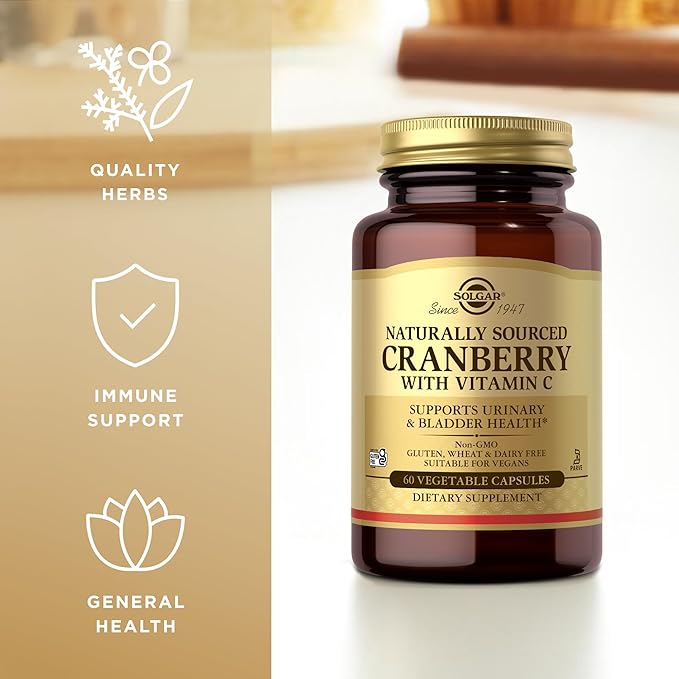 SOLGAR Cranberry with Vitamin C - 60 Vegetable Capsules - Supports Urinary & Bladder Health - Non-GMO, Vegan, Kosher, Gluten Free - 60 Servings