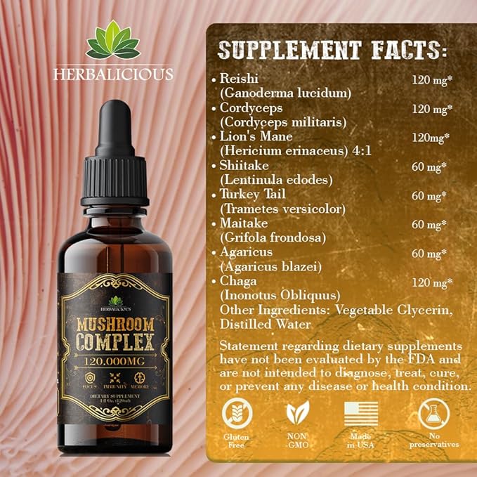 Mushroom Complex Supplement – 8 Mushroom Blend for Focus, Memory & Immune Support – High Potency 120,000mg Mushroom Supplement with Lion’s Mane, Reishi, Cordyceps, Chaga – 4 fl oz