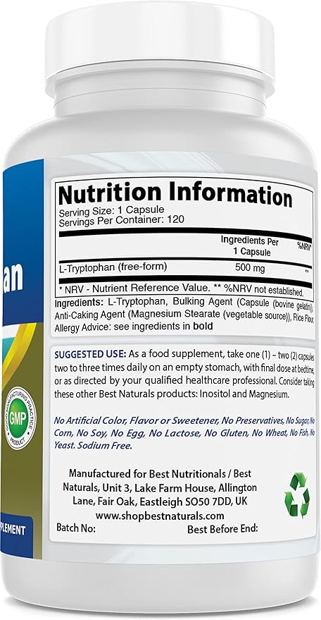Best Naturals L-Tryptophan 500 mg 120 Capsules (120 Count (Pack of 2))
