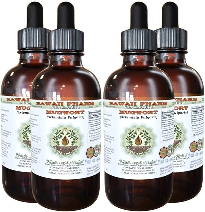 Mugwort Alcohol-Free Liquid Extract, Organic Mugwort (Artemisia vulgaris) Dried Flower Glycerite Natural Herbal Supplement, Hawaii Pharm, USA 4x4 oz