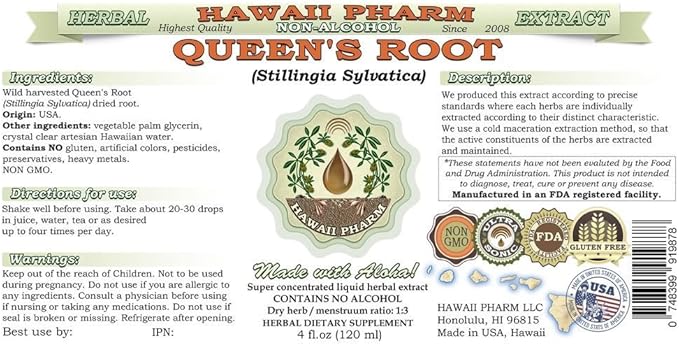 Queen's Root Alcohol-Free Liquid Extract, Queen's Root (Stillingia Sylvatica) Dried Root Glycerite Natural Herbal Supplement, Hawaii Pharm, USA 2 fl.oz