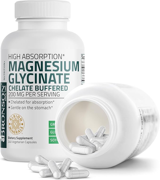Bronson Magnesium Glycinate 200 MG per Serving Chelated for High Absorption, Gentle On Stomach, Non-GMO, 240 Vegetarian Capsules