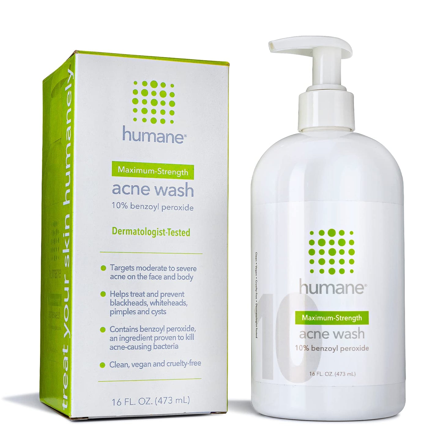 Humane Maximum-Strength Acne Wash - 10% Benzoyl Peroxide Acne Treatment For Face, Skin, Butt, Back And Body - 16 Fl Oz - Dermato