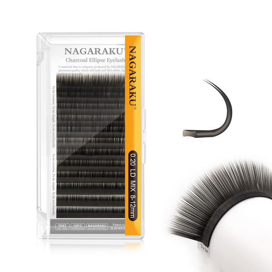 Nagaraku Double Tips Flat Ellipse Eyelash Extensions Supplies 0.20 Ld Curl 8-12Mm Mix Natural Charcoal Color Faux Mink Super Sof