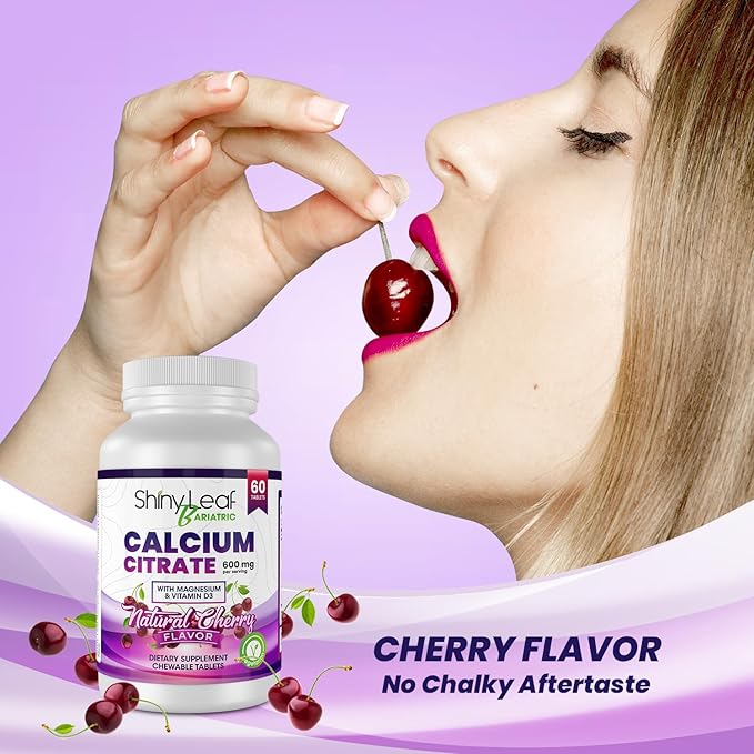 Shiny Leaf Bariatric Calcium Citrate Chews - 600mg, with Vitamin D 3 Plus Magnesium - Chewable Supplements for Women and Men, Bariatric Patients Vitamins for Bone and Joints Health, 240 Count, Cherry