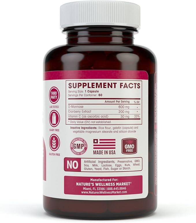 D MANNOSE with Cranberry Extract & Vitamin C - Urinary Tract UT Cleanse & Bladder Health - Protects Against Urinary Tract Infections UTI - Natural Healthy Flush & Detox Impurities | 60 Veg Capsule