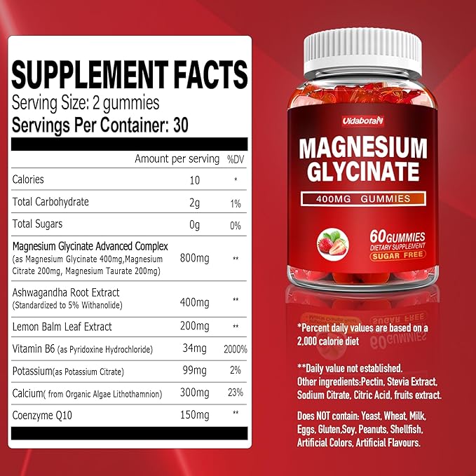 Magnesium Glycinate Gummies 400mg with Ashwagandha, Lemon Balm, CoQ10 for Energy Support & Better Zzz –Sugar Free Magnesium Gummy Supplements for Women and Men- 60 Count