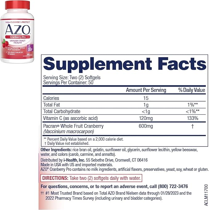 AZO Cranberry Pro Urinary Tract Health Supplement 600mg PACRAN, 1 Serving = More Than 1 Glass of Cranberry Juice 100 CT + Dual Protection, Urinary + Vaginal Support* 30 Count