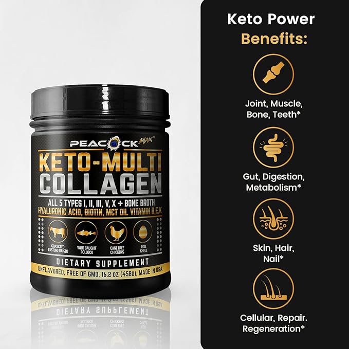 Keto Multi Collagen Peptides 16.2 oz, Pack of 2 - Bone Broth Protein Powder, 5 Types Hydrolyzed Collagen, MCT Oil, Unflavored Protein Powder for Joint, Skin, Hair & Gut Health