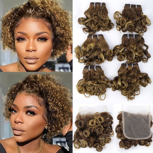 4/27 Short Wavy Curly Bundles With Closure Brazilian P4/27 Wavy Curly 6 Bundles With 4X4 Lace Closure Brazilian Unprocessed Wavy