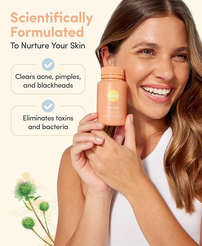 Ovira Skin Clear with ZINCBRIGHT - 60 Capsules for Clear and Glowing Skin | Rosacea & Hormonal Acne Treatment | Support Collagen Production | Acne Supplements for Women & Men - Pack of 1