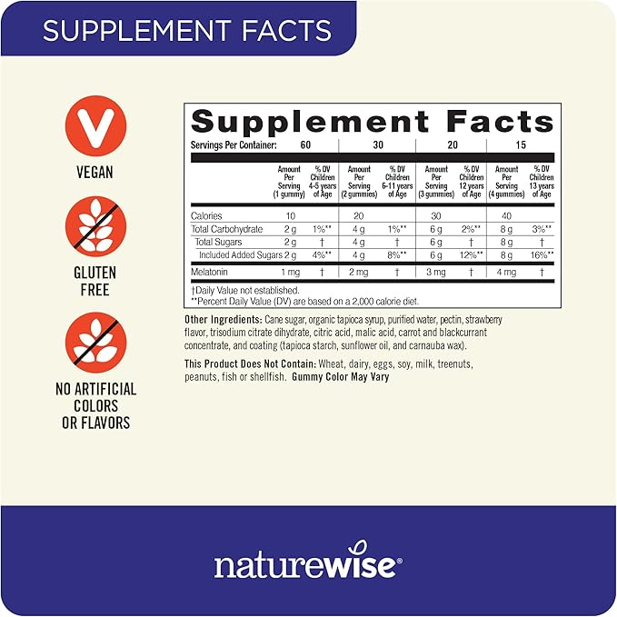 Naturewise Kids Melatonin Gummies 1 mg - Drug-Free, Non-Habit Forming Sleep Aid for Children Ages 4 & Up - Strawberry Flavored Gummy Bears - Vegan, Gluten Free, Non-GMO - 90 Count[3-Month Supply]