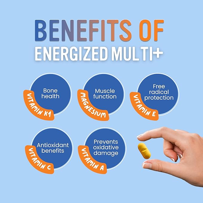 Energized Multi Men's Potent Multivitamin for Men 40 Fully Bioavailable Nutrients B Complex Vitamins for Men, Vitamin D, Vitamin C, Vitamin K, Zinc, Quercetin, Calcium, Magnesium - 180