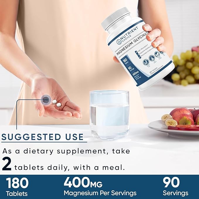 Magnesium Glycinate 400mg, 180 Tablets (Pack of 5) High Absorption, Non-GMO Magnesium for Muscle, Heart, Nerve & Bone Support | Promotes Cardiovascular Health, Made in USA (90 Servings per Bottle)