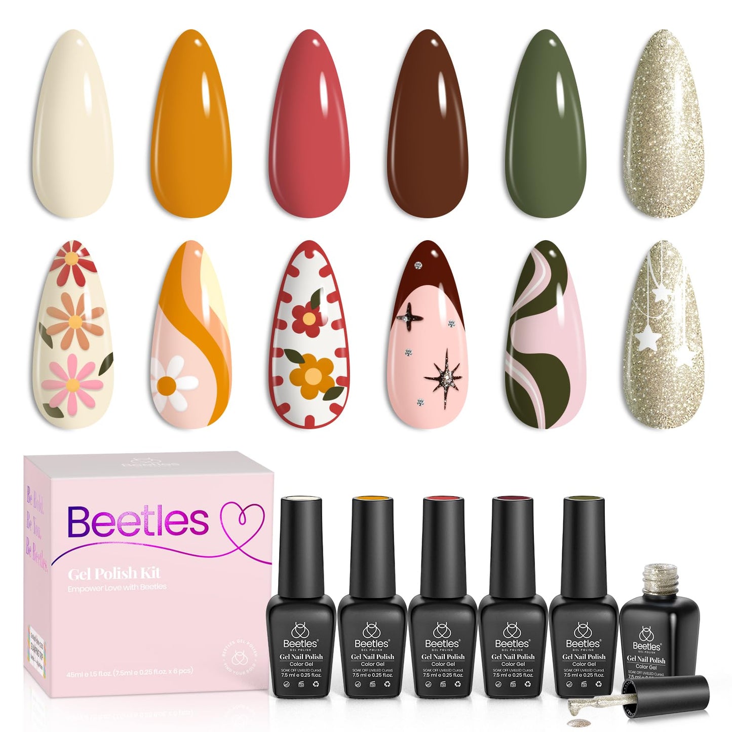 Beetles Gel Polish 6 Colors Gel Polish Set, White Glitter Green Gel Nail Polish, Soak Off Uv Led Nail Art Design, Holiday Nail A