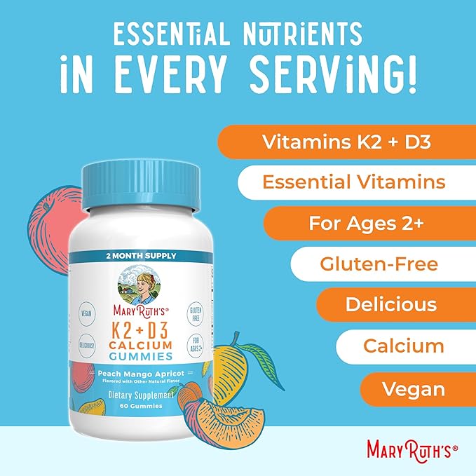 MaryRuth Organics Calcium with Vitamin D & Vitamin K2, 2 Month Supply, Calcium Supplement Supports Bone Health & Joint Support, with Vitamins D3 K2 Gummies, Vegan, Non-GMO, Gluten Free, 60 Count